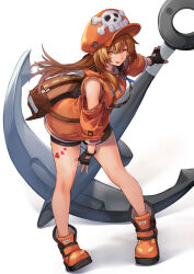  1girl ;p anchor bike_shorts black_gloves boots brown_hair commentary_request fingerless_gloves gloves guilty_gear guilty_gear_strive hat hat_ornament hinoru_saikusa holding holding_anchor hood hoodie jacket long_hair may_(guilty_gear) newsboy_cap one_eye_closed orange_boots orange_hair orange_hat orange_hoodie orange_jacket skull_and_crossbones skull_hat_ornament smile solo tongue tongue_out 
