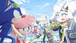  1boy 3girls amy_rose animal_nose anime_coloring black_bodysuit bodysuit furry furry_female furry_male goggles goggles_on_head green_bodysuit green_eyes hedgehog_boy hedgehog_girl highres lanolin_the_sheep motor_vehicle motorcycle multiple_girls outdoors pink_hair pointing ririkuma0530 sheep_girl sonic_(series) sonic_the_hedgehog sonic_the_hedgehog_(idw) tangle_the_lemur violet_eyes 