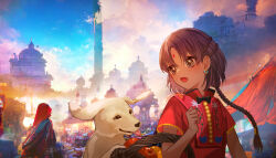  00kashian00 asha_(fate) basket bindi black_bow blue_sky bow braid brown_eyes brown_hair child commentary_request dark-skinned_female dark_skin dog earrings fate/grand_order fate_(series) highres indian_clothes jewelry open_mouth short_sleeves sky tongue tongue_out vihan_(fate) 