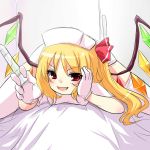  blonde_hair blush cosplay fang flandre_scarlet girl_on_top gloves hair_ribbon hat head_rest highres hikataso nurse nurse_cap open_mouth pov red_eyes ribbon rough short_hair side_ponytail smile solo spread_legs syringe thigh-highs thighhighs touhou white_gloves white_legwear wings 