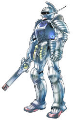  1boy armor armored_skirt beam_rifle breastplate commentary energy_gun from_side funbolt greaves gun gundam helmet holding holding_gun holding_weapon humanization knee_armor knight mixed-language_commentary no_pupils redesign shoulder_armor simple_background sketch solo turn_a_gundam turn_a_gundam_(mobile_suit) weapon white_background white_eyes 