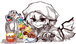  1girl 1up alcohol animal_ears bad_food beer beer_mug bird_ears bird_wings blush bomb_item_(touhou) broccoli chili_pepper commentary crescent cup english_commentary frying_pan greyscale grin headscarf highres holding holding_frying_pan japanese_clothes kimono long_sleeves looking_at_viewer monochrome mug mushroom mystia_lorelei okamisty pouring power_item_(touhou) rampa93 smile touhou touhou_mystia's_izakaya wings 