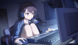  1girl absurdres bang_dream! bang_dream!_it's_mygo!!!!! black_hair blue_shirt chinese_commentary clouble commentary_request commission computer_keyboard computer_mouse highres indoors instrument jelly_drink keyboard_(instrument) knees_up light_particles long_hair mole mole_under_eye monitor pajamas second-party_source shiina_taki shirt solo violet_eyes 