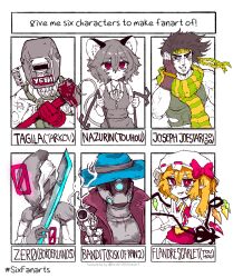  1other 2girls 3boys absurdres animal_ear_fluff animal_ears bandit_(risk_of_rain_2) blonde_hair blood blood_on_weapon blue_hat blush borderlands_(series) bow brown_gloves brown_hair closed_mouth collared_shirt commentary crossover crystal crystal_wings dowsing_rod dual_wielding english_commentary english_text fang fingerless_gloves flandre_scarlet gloves green_scarf grey_skirt grey_vest gun hair_between_eyes hammer handgun hat hat_bow headband helmet highres holding holding_gun holding_hammer holding_sword holding_weapon jewelry jojo_no_kimyou_na_bouken joseph_joestar laevatein_(touhou) medium_hair mob_cap mouse_ears mouse_girl mouse_tail multicolored_wings multiple_boys multiple_drawing_challenge multiple_girls nazrin neck_ribbon one_side_up pendant pink_bow pink_eyes pointy_ears rampa93 red_eyes red_vest ribbon risk_of_rain_(series) risk_of_rain_2 scarf shirt six_fanarts_challenge skin_fang skirt sledgehammer smile smoke smoking_barrel striped_clothes striped_scarf sword tagilla_(escape_from_tarkov) tail touhou two-tone_scarf vest weapon welding_mask white_shirt wings wrist_cuffs yellow_scarf zer0 