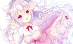  1girl :d amairo_chocolata animal_ears blurry blush bow bowtie breasts cat_ears cat_girl center_frills claw_pose commentary cowboy_shot depth_of_field dress dutch_angle fang fingernails floating_hair floral_print floral_print_dress flower frilled_dress frilled_shirt frills fuwa_mochiri hair_between_eyes hair_flower hair_ornament hands_up highres kohana_(amairo_chocolata) large_breasts long_hair long_sleeves looking_at_viewer open_mouth pink_dress print_dress red_bow red_bowtie red_eyes rose_print shirt sidelocks simple_background smile solo strapless strapless_dress v-shaped_eyebrows very_long_hair white_background white_flower white_hair white_shirt 