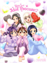  5girls :d absurdres ahoge anime_coloring animedia aokaze_nana arched_bangs barefoot black_hair blonde_hair blue_bow blue_eyes blue_hair blue_pajamas bob_cut bow braid brown_hair closed_mouth collarbone copyright_name copyright_notice crossed_ankles double-parted_bangs feet_out_of_frame fluffy_clothes food food_art green_pajamas grin hair_between_eyes hair_bow hair_ornament hair_scrunchie hairband hairpin hand_up hands_on_own_cheeks hands_on_own_face hands_up heart heart-shaped_pillow heart_hair_ornament highres holding holding_own_hair holding_pillow kimi_to_idol_precure knees_up light_blush long_hair looking_at_viewer low-braided_long_hair low-tied_long_hair magazine_scan medium_hair multiple_girls official_art open_mouth pajamas parted_bangs pillow pink_eyes pink_hairband pink_pajamas precure purple_hair purple_pajamas red_eyes sakura_uta_(precure) scan scrunchie shigure_kokoro sidelocks sitting smile sugimoto_miho tako-san_wiener tanaka_meron tanaka_purin teeth third-party_source twintails upper_teeth_only violet_eyes waving yokozuwari 