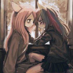  2girls animal_ears brown_shirt chin_piercing closed_mouth commentary emo_fashion face_piercing fluttershy furry furry_female horse_ears horse_girl ieatedyuripizza indoors long_hair looking_at_another multicolored_hair multiple_girls my_little_pony my_little_pony:_friendship_is_magic pantyhose piercing pink_eyes pink_hair rainbow_dash rainbow_hair shirt skirt untranslatable_commentary window yuri 