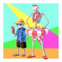  1:1 2020 2boys 2d black_shorts blue_shirt brothers collared_shirt cup digital_media drink eyewear_on_head floral_print flower full_body hat height_difference holding holding_cup holding_drink hollow_eyes humanoid innertube male medibang_paint_(medium) monster monster_boy multiple_boys papyrus_(undertale) pink_flower print_shirt print_shorts ribs sans_(undertale) shirt shorts siblings side-by-side skeleton spine standing sunglasses swim_ring teeth topless topless_male undead undertale utdr_(toby_fox) wakuwaku wreath yellow_shorts 
