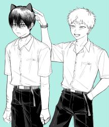  2boys animal_ears aqua_background bell belt cat_ears closed_mouth collared_shirt commentary_request embarrassed greyscale_with_colored_background hand_in_pocket highres hikaru_ga_shinda_natsu indou_hikaru male_focus mole mole_on_cheek mole_under_eye mole_under_mouth multiple_boys multiple_moles neck_bell open_collar open_mouth pants school_uniform shirt shirt_tucked_in short_hair short_sleeves slit_pupils standing tsujinaka_yoshiki watch watch x_x3999 