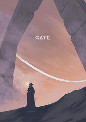  1girl absurdres blue_archive clouds commentary english_commentary english_text halo highres kani_etizen03 orange_sky outdoors saori_(blue_archive) silhouette sky solo standing structure white_halo wide_shot 
