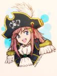 :d blue_eyes bust character_name cravat epaulettes hair_ornament hairclip hat hat_feather katou_marika long_hair miniskirt_pirates open_mouth pink_hair pirate pirate_hat portrait skull_and_crossbones smile solo teeth zero_hime 