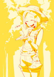  1girl blush_stickers closed_eyes commentary_request cowboy_shot eyelashes fate/grand_order fate_(series) gloves happy hat kokujin_youhei monochrome open_mouth overalls paul_bunyan_(fate) paul_bunyan_(third_ascension)_(fate) short_hair solo translation_request yellow_theme 