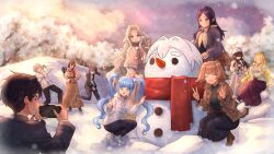  1boy 6+girls :d ^_^ absurdres aijou_rentarou bag black_hair black_leggings black_skirt blonde_hair blue_eyes blue_hair blunt_bangs boots brown_boots brown_eyes brown_hair camera capelet casual character_doll chinese_commentary closed_eyes coat commentary_request curtained_hair doll double_v dusk english_commentary futate_eru green_eyes gunbai hair_over_eyes hand_fan haraga_kurumi hasu_hasuha hat highres holding holding_camera jiai_chiyu kakure_meme kimi_no_koto_ga_dai_dai_dai_dai_daisuki_na_100-nin_no_kanojo leggings long_hair long_skirt meido_mei mixed-language_commentary morikita_kimari multiple_girls open_mouth outdoors parted_bangs pigsir13152 pink_capelet posing purple_coat red_eyes red_scarf rentarou_family scarf short_hair shoulder_bag sitting skirt smile snow snowball snowball_fight snowing snowman squatting sutou_iku twintails utsukushisugi_mimimi v very_long_hair w war_fan winter winter_clothes 
