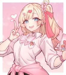  1girl :d absurdres bead_bracelet beads black_choker blonde_hair blue_eyes bow bowtie bracelet breast_pocket cellphone_charm charm_(object) chinese_commentary choker clothes_around_waist collared_shirt commentary_request english_commentary facial_mark gyaru hair_ornament hair_ribbon hair_scrunchie heart heart_facial_mark heart_hair_ornament highres holding holding_phone jacket jacket_around_waist jewelry kedarui_aashii kimi_no_koto_ga_dai_dai_dai_dai_daisuki_na_100-nin_no_kanojo kogal looking_at_viewer loose_bowtie mark_under_eye mixed-language_commentary nail_polish ohananomitsu_high_school_uniform open_mouth pentarou_(hyakkano) phone pigsir13152 pink_background pink_bow pink_bowtie pink_jacket pink_nails pink_ribbon pink_scrunchie pocket ribbon ring school_uniform scrunchie shirt simple_background smile solo upper_body v white_shirt wing_collar wristband 