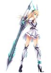  absurdres blonde_hair copyright_request green_eyes high_heels highres huge_weapon legwear looking_back shoes simple_background solo standing sword thighs weapon white_background white_legwear zi_se 