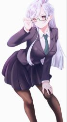  adjusting_eyewear bespectacled black-framed_eyewear black_jacket black_skirt blazer blunt_ends breasts brown_pantyhose collared_shirt doublemengu eiai_nano feet_out_of_frame glasses green_necktie grey_hair hand_on_own_knee hashtag-only_commentary highres jacket kimi_no_koto_ga_dai_dai_dai_dai_daisuki_na_100-nin_no_kanojo large_breasts leaning_forward long_hair necktie ohananomitsu_high_school_uniform pantyhose pleated_skirt red_eyes school_uniform semi-rimless_eyewear shirt simple_background skirt swept_bangs under-rim_eyewear white_background white_shirt 