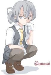  1girl asymmetrical_hair black_pantyhose collared_shirt dress_shirt emuwai gloves grey_eyes grey_hair grey_skirt grey_vest hashtag-only_commentary kantai_collection nowaki_(kancolle) one-hour_drawing_challenge pantyhose pleated_skirt shirt simple_background skirt solo squatting twitter_username vest white_background white_gloves white_shirt 