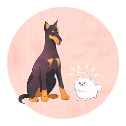  >:3 1:1 2020 2d animal animal_focus body_fur border brown_fur digital_media dobermann dog duo full_body no_humans onk_(kkkarb) orange_fur original outside_border pink_background round_border sitting size_difference standing striped_background text tongue tongue_out translation_request two-tone_fur vertical-striped_background white_border white_dog white_fur 