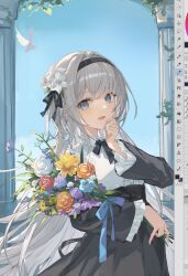  1girl arch bird black_dress black_hairband black_ribbon blue_eyes blue_flower bouquet center_frills chenmu_sora collared_shirt commentary cowboy_shot dress english_commentary flower frills hair_flower hair_intakes hair_ornament hair_ribbon hairband hand_to_own_mouth hand_up highres long_hair long_sleeves looking_at_viewer neck_ribbon orange_flower original outdoors purple_flower red_flower ribbon shirt sky smile solo white_flower white_hair white_shirt yellow_flower 