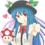  :q blue_hair clenched_hand hat heart hinanawi_tenshi holding long_hair puyopuyo red_eyes schmidt solo super_mario_bros. super_mushroom tongue touhou 