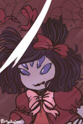  1girl 2017 2d anthro arachnid arthropod arthropod_girl artist_name black_hair bow close-up colored_sclera colored_skin commentary dated_commentary digital_media english_commentary extra_arms extra_eyes fangs female female_only hair_bow monster monster_girl muffet petite-pumpkin pink_bow puffy_short_sleeves puffy_shorts puffy_sleeves purple_sclera purple_skin red_background red_bow short_twintails shorts simple_background solo spider spider_girl sweat torn_bow twintails undertale utdr_(toby_fox) 