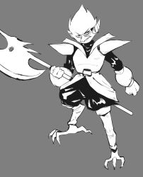  1boy 2022 2d anaizzzen anthro armor berdly_(dark_world)_(deltarune) berdly_(deltarune) bird bird_boy commentary deltarune digital_media dynamic_pose english_commentary full_body furry furry_male grey_background halbert highres holding holding_polearm holding_weapon male male_focus male_only monochrome polearm scarf simple_background solo standing talons utdr_(toby_fox) weapon 