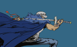  1boy absurdres arm_tattoo blue_background coat commentary denim fur-trimmed_coat fur_trim hand_tattoo hat highres holding holding_sword holding_weapon jeans katsumi_ishizuka male_focus one_piece pants sheath simple_background solo sword tank_top tattoo trafalgar_law unsheathing weapon white_tank_top 