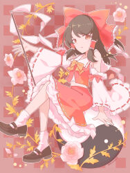  1girl alternate_neckwear aomurasaki_r black_hair black_shoes bow bowtie brown_eyes check_commentary commentary_request detached_sleeves flower flower_request frilled_bow frilled_hair_tubes frilled_skirt frills gohei hair_bow hair_tubes hakurei_reimu highres looking_at_viewer medium_hair nontraditional_miko open_mouth orb red_bow red_shirt red_skirt ribbon-trimmed_bow ribbon-trimmed_collar ribbon-trimmed_skirt ribbon-trimmed_sleeves ribbon_trim shirt shoes sitting skirt sleeve_bow socks solo touhou white_sleeves white_socks yellow_bow yellow_bowtie yin_yang yin_yang_orb 
