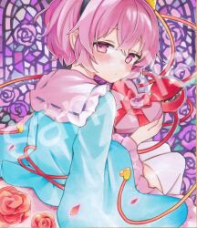  1girl black_hairband blue_shirt blush box collared_shirt commentary_request eyeball flower frilled_shirt_collar frilled_sleeves frills hairband heart-shaped_box highres holding holding_box komeiji_satori looking_at_viewer moni_monico pink_eyes pink_hair pink_skirt red_flower red_rose ribbon-trimmed_collar ribbon_trim rose sample_watermark shirt short_hair skirt solo stained_glass thigh-highs third_eye touhou valentine watermark white_thighhighs 