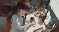  1girl absurdres artist_request bang_dream! bang_dream!_it's_mygo!!!!! black_shirt brown_hair closed_mouth coffee coffee_filter coffee_grinder coffee_mug coffee_press commentary commission cup earrings highres indoors jacket jewelry long_hair moka_pot mug second-party_source shiina_taki shirt table violet_eyes white_jacket 