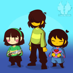  1:1 2025 2d 3others =_= ahoge ambiguous_gender ankle_boots aqua_background arms_at_sides artist_logo artist_name black_pants blue_background blue_shorts blue_sweater boots brown_boots brown_hair brown_pants brown_shorts chara_(undertale) child commentary deltarune digital_media double_horizontal_stripe english_commentary fanamation freckles frisk_(undertale) full_body gradient_background green_hairband green_sweater hairband heart highres holding holding_knife holding_weapon horizontal-striped_clothes human knife kris_(deltarune) long_sleeves multiple_others other_focus pants pink_stripes redrawn short_hair shorts simple_background single_horizontal_stripe smile standing striped_clothes striped_sleeves striped_sweater sweater trio two-tone_sweater undertale utdr_(toby_fox) watermark weapon yellow_stripes 