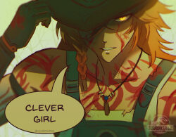  1boy adjusting_clothes adjusting_headwear black_gloves blood blood_on_face blue_overalls braid commentary english_text gloves glowing glowing_eye hat_over_one_eye highres honkai:_star_rail honkai_(series) jewelry jurassic_park logo male_focus mydei_(chimerric_park)_(honkai:_star_rail) mydei_(honkai:_star_rail) necklace orange_hair overalls parody portrait side_braid solo torn_clothes twitter_username umbra_(edits_umbra) vignetting yellow_eyes 