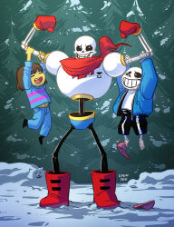  1other 2016 2boys 2d ambiguous_gender arm_grab armor artist_name black_shoes black_shorts blue_jacket blue_pants blue_shorts blue_sweater boots brothers brown_hair cape child clinging commentary digital_media double_horizontal_stripe english_commentary flexing frisk_(undertale) full_body gloves grey_hood height_difference hollow_eyes hood hood_down hooded_jacket horizontal-striped_clothes human humanoid inactive_account jacket legs_apart long_sleeves male monster monster_boy multiple_boys open_clothes open_jacket outdoors pants papyrus_(undertale) pine_tree pink_slippers pink_stripes red_boots red_cape red_gloves sans_(undertale) shirt shoes short_hair shorts siblings single_vertical_stripe skeleton slippers snow spewpew standing striped_clothes striped_shorts striped_sweater sweater teeth third-party_source tree trio two-tone_sweater undead undertale utdr_(toby_fox) vertical-striped_clothes vertical-striped_shorts white_armor white_shirt white_stripes 