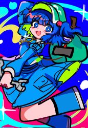  1girl :d backpack bag blue_background blue_eyes blue_hair blue_skirt blunt_bangs blush bright_pupils commentary_request flat_cap green_hat hair_bobbles hair_ornament hat highres holding holding_wrench ishiki_nuru kawashiro_nitori looking_at_viewer open_mouth pocket sketch skirt smile solo touhou two_side_up white_pupils wrench 