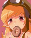  bakemonogatari bare_shoulders blonde_hair blush_stickers doughnut dress goggles helmet long_hair monogatari_(series) oshino_shinobu red_eyes solo 