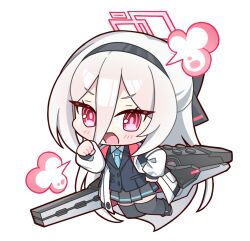  1girl angry ankle_boots black_boots black_bow black_hairband black_jacket black_skirt black_thighhighs blue_archive blue_necktie blush boots bow bright_pupils chibi chibi_only clenched_hand collared_shirt commentary double-parted_bangs full_body hair_between_eyes hair_bow hairband halo hand_on_own_hip highres jacket kei_(blue_archive) kei_(new_body)_(blue_archive) long_bangs long_hair long_hair_between_eyes long_sleeves looking_at_viewer multicolored_jacket necktie open_clothes open_jacket open_mouth pink_eyes pink_halo pink_jacket pleated_skirt puff_of_air puffy_long_sleeves puffy_sleeves railgun rectangular_halo ringed_eyes shirt sidelocks simple_background skirt solo sucong thigh-highs two-sided_fabric two-sided_jacket v-shaped_eyebrows very_long_hair weapon weapon_on_back white_background white_hair white_jacket white_shirt 