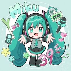  1girl aqua_eyes aqua_hair aqua_necktie bare_shoulders black_boots black_skirt black_sleeves blue_bow blue_flower blush blush_stickers boots bow cd character_name chibi_mera collared_shirt commentary_request deformed detached_sleeves english_text facing_viewer flower green_background green_flower grey_shirt hair_between_eyes hair_ornament hairclip hatsune_miku headphones heart highres long_hair looking_at_viewer microphone miniskirt musical_note necktie open_mouth outstretched_arms shirt sidelocks skirt sleeveless sleeveless_shirt smile solo spring_onion straight-on striped_background striped_clothes striped_shirt striped_skirt striped_sleeves thigh_boots twintails two-tone_background vertical-striped_clothes vertical-striped_shirt very_long_hair videocassette vocaloid white_background yellow_flower zettai_ryouiki 