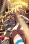  anger_vein bangs blonde_hair blue_eyes blue_legwear frown glasses glowing glowing_eyes halo holding impossible_clothes jacket jacket_removed long_hair lowres masinhwangje nearly_naked_shirt panties parted_bangs purple_panties quartermaster_knight red_hair redhead side-tie_panties solo striped striped_legwear sword_girls thigh-highs thighhighs underwear vernika_answer walking white_legwear 