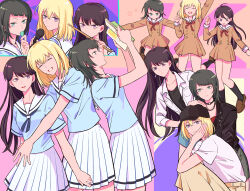 3girls absurdres arm_up bang_dream! bang_dream!_it's_mygo!!!!! baseball_cap black_choker black_hair black_hat black_jacket blonde_hair blue_eyes blue_shirt book brown_dress brown_skirt chichimic choker closed_eyes closed_mouth commentary commission dress drumsticks earrings grey_skirt hair_between_eyes hanasakigawa_school_uniform hand_on_another's_head hat highres holding holding_book holding_drumsticks holding_microphone holding_plectrum hug jacket jewelry jumping long_hair looking_at_viewer microphone misumi_uika mole mole_under_eye multiple_girls necklace open_book open_mouth pleated_skirt plectrum sailor_collar sailor_dress school_uniform second-party_source serafuku shiina_taki shirt short_sleeves single_earring skirt violet_eyes white_sailor_collar white_shirt white_skirt yahata_umiri 