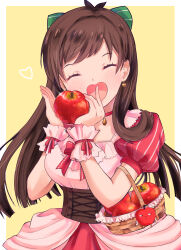 1girl absurdres apple basket blunt_ends border bow breasts brown_corset brown_hair choker closed_eyes closed_mouth commentary_request corset cross-laced_clothes cross-laced_corset dress earrings facing_viewer food frilled_wrist_cuffs frills fruit gold_earrings green_bow hair_bow heart heart-shaped_mouth heart_earrings highres holding holding_food holding_fruit idolmaster idolmaster_cinderella_girls jewelry large_breasts long_hair open_mouth pink_dress pink_wrist_cuffs puffy_short_sleeves puffy_sleeves red_choker ringorou_(idolmaster) sakaiyuuna short_sleeves smile solo striped_bow tsujino_akari upper_body white_border wrist_cuffs yellow_background