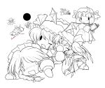  absurdres blush book cirno closed_eyes crescent daiyousei dying_message eyes_closed flandre_scarlet hat highres hong_meiling izayoi_sakuya knife knifed koakuma monochrome multiple_girls o_o open_mouth patchouli_knowledge remilia_scarlet rumia rumia_(darkness) solid_black_thumbnail solid_circle_eyes touhou transparent_background wings wink yume_shokunin 