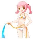  :d bad_id bikini brown_eyes brown_hair holding hose looking_at_viewer navel open_mouth original pink_hair ran_system simple_background smile solo swimsuit twintails water white_background 