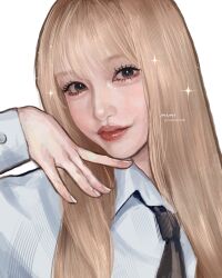  aegyo_sal asian black_necktie blonde_hair collared_shirt commentary_request eyelashes highres ive_(group) k-pop lips liz_(ive) mimitanu25 necktie nose real_life realistic shirt sparkle wispy_bangs 