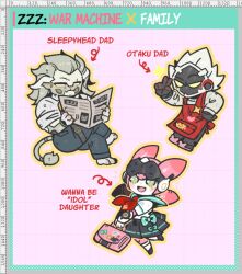  1girl 2boys apron aria_(zenless_zone_zero) bag banyue_(zenless_zone_zero) billy_kid black_skirt blue_pants blush bow chibi chibi_only clothed_robot crossed_legs cyborg english_text green_bow green_eyes green_sailor_collar grey_hair grey_shirt holding holding_bag holding_newspaper humanoid_robot mechanical_tail multiple_boys newspaper pants pleated_skirt red_apron robot robot_boy sailor_collar school_uniform shirt skirt smile spiky_hair tail ufu_fluffy zenless_zone_zero 