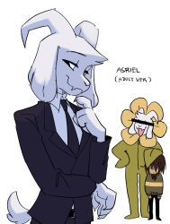  animal_ears asriel_dreemurr baesongwanryo bar_censor business_suit censored commentary_request deltarune goat_ears goat_horns highres horns korean_commentary kris_(deltarune) mascot_costume necktie striped_clothes suit utdr_(toby_fox) 