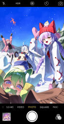  >_< 4girls :3 :d absurdres ahoge aokumo_rin arm_up black_shirt black_thighhighs blue_eyes blue_gloves blue_hair blue_sky blue_streaks blush bow braid brown_scarf chico_(yuzuha_riko) christmas_tree closed_mouth commentary creature fake_phone_screenshot fake_screenshot fang full_body gloves green_hair grey_skirt hair_ornament hanako_nana hat hat_bow heart heart_hair_ornament heterochromia highres inari_(tenko_shibuki) incredibly_absurdres jacket kurimi_(aokumo_rin) long_hair long_sleeves looking_at_viewer multicolored_hair multiple_girls open_clothes open_jacket open_mouth outdoors peto_(hanako_nana) pink_bow pink_gloves pink_jacket pom_pom_(clothes) pom_pom_hair_ornament purple_hair purple_pupils red_hat scarf shirt skirt sky smile snow snowing stellive tenko_shibuki thigh-highs tiokun7 twin_braids two-tone_hair violet_eyes virtual_youtuber white_hair white_jacket x_hair_ornament yellow_eyes yuzuha_riko 