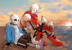  2022 2boys 2d anaizzzen aqua_hood arm_support armor beach black_gloves black_shorts boots brothers cape closed_eyes commentary commission digital_media drawstring duo english_commentary facing_another fingerless_gloves food full_body gloves height_difference highres holding_food holding_ice_cream holding_ice_cream_cone holding_rock hollow_eyes hood hood_down hooded_jacket humanoid ice_cream ice_cream_cone jacket long_sleeves male male_focus male_only monster monster_boy multiple_boys ocean open_clothes open_hand open_jacket outdoors papyrus_(undertale) pink_slippers red_boots red_cape red_gloves rock sans_(undertale) shorts siblings single_vertical_stripe sitting skeleton sky slippers smile socks striped_shorts sun sunset sweater teeth undead undertale utdr_(toby_fox) vertical-striped_clothes vertical-striped_shorts white_armor white_socks white_stripes white_sweater 