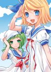  alternate_costume blonde_hair blue_eyes bow fang green_eyes green_hair gumi hair_bow hat highres kagamine_rin looking_at_viewer multiple_girls open_mouth sailor sailor_collar sailor_hat salute short_hair smile vocaloid yayoi_(egoistic_realism) 