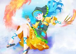  1girl :d absurdres apron blue_hair chiseinalice commentary_request commission dress fire full_body green_apron green_headscarf haniyasushin_keiki headscarf highres jewelry long_hair magatama magatama_necklace necklace open_mouth partial_commentary pink_eyes pocket sandals short_sleeves skeb_commission smile solo touhou white_background wood_carving_tool yellow_dress 