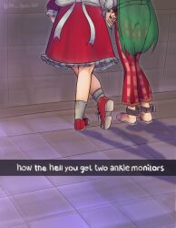  2girls ankle_monitor artist_name black_nails bow commentary crossed_legs dress elly_(touhou) english_commentary english_text green_hair grey_socks holding_hands kazami_yuuka long_hair lower_body multiple_girls nail_polish niko_rausu pants plaid_clothes plaid_pants red_dress red_pants red_shoes shoes slippers snapchat socks standing touhou white_bow 